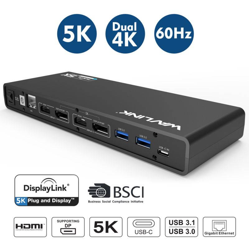 Wavlink Universal 5K USB-C/A Laptop Docking Station, 4K Dual Video Docking Station 2 x HDMI, 2 x DisplayPort, Gigabit Ethernet, USB C in, 6 x USB 3.0, Audio, Mic, For Windows & Mac, PD Not Supported
