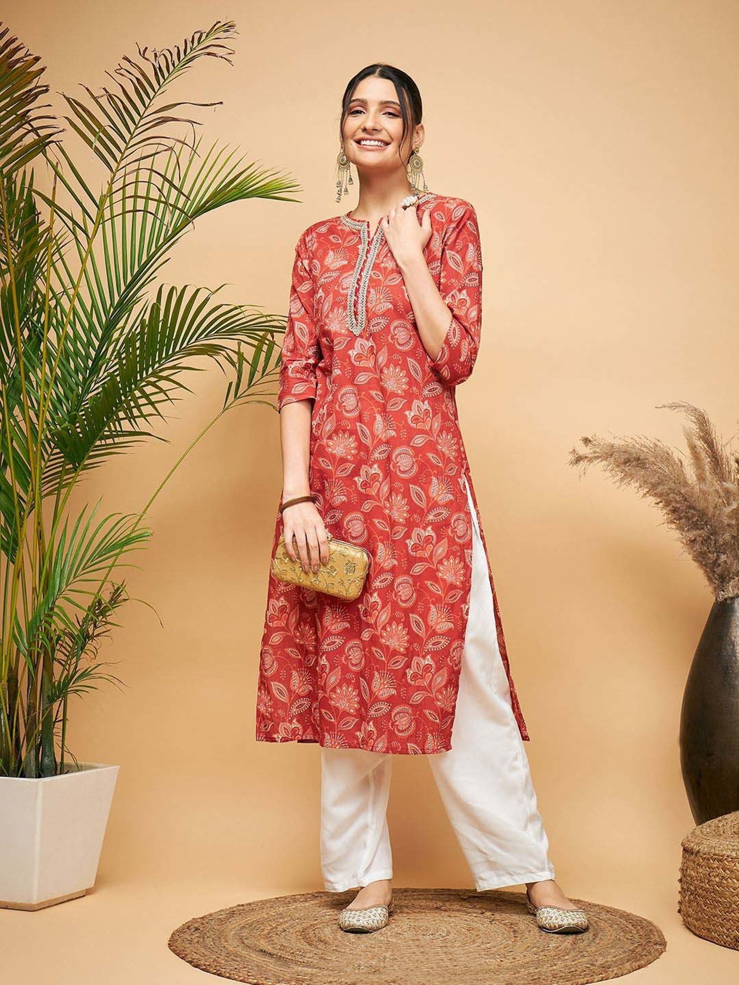 Inweave Red Cotton Floral Print Straight Kurta