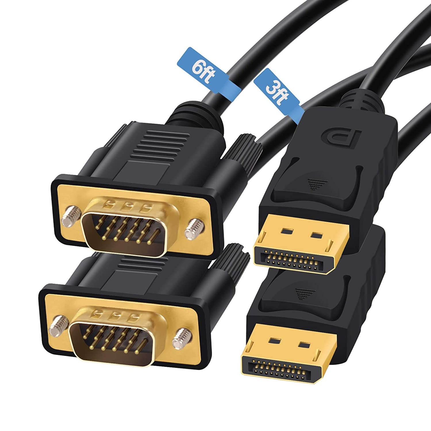 2 Pack DisplayPort to VGA 3 ft and 6 ft DisplayPort to VGA Adapter FOBOIU DP to VGA Cable Connects DP Port from Desktop or Laptop to Monitor or Projector with VGA Port