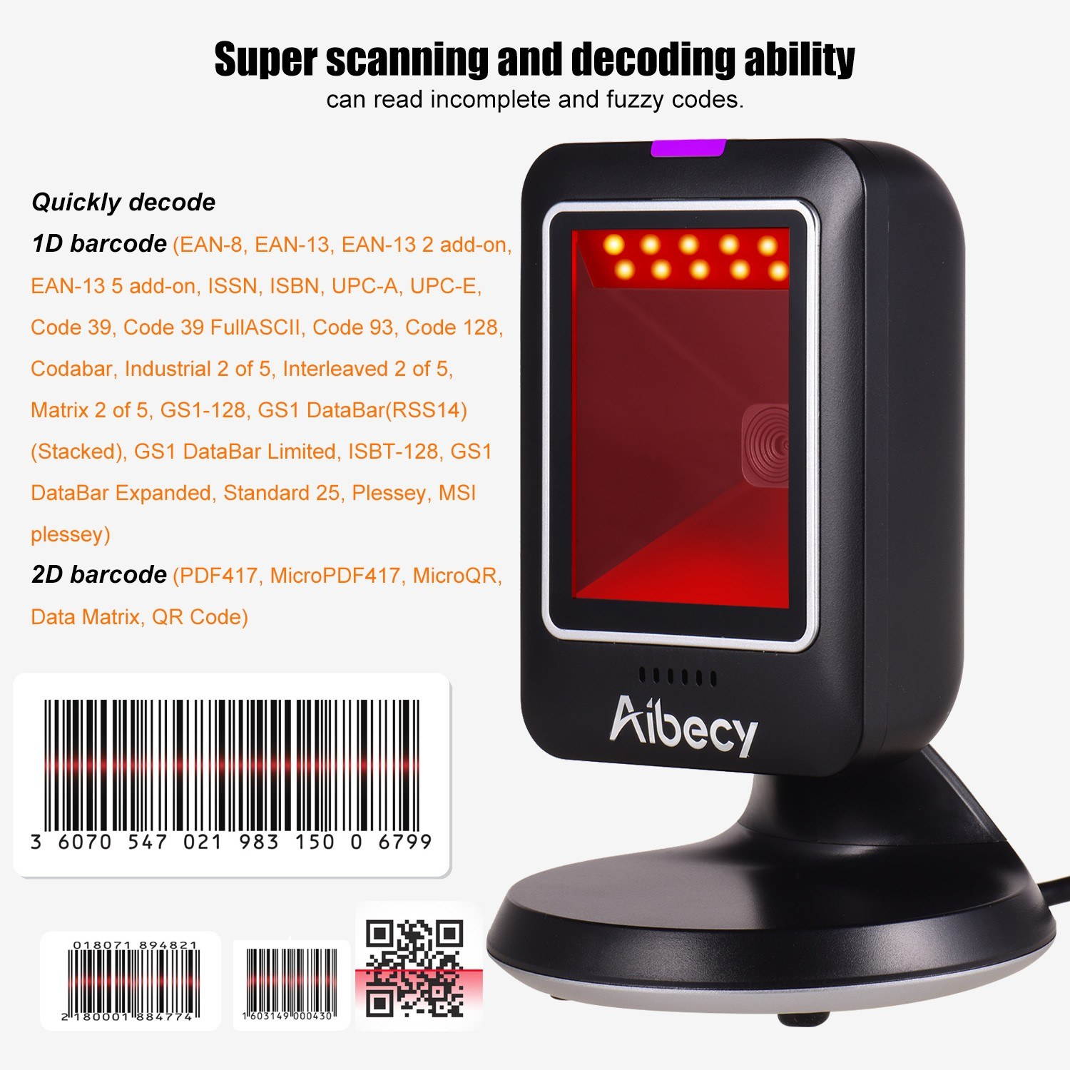 Aibecy MP6300Y 1D/2D/QR Omnidirectional Barcode Scanner USB Wired Bar Code Reader CMOS Image Hand-Free for Supermarket Bookstore Retail Hospital