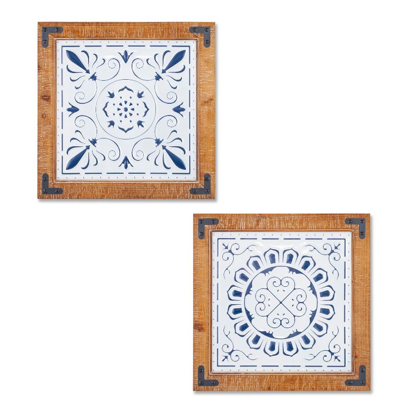 Lone Elm Studios Set of 2 Assorted Wooden Framed Metal Tile Wall D&eacute;cor