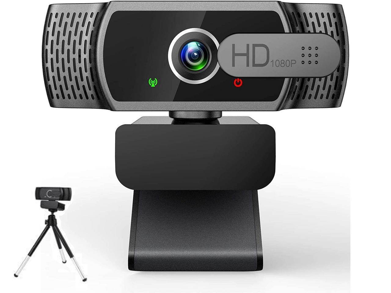 Portholic 1080P webcam with microphone, full HD PC / laptop web camera with tripod, automatic light correction, USB 2.0 plug & play for live streaming, video calls, online lessons, conference, games