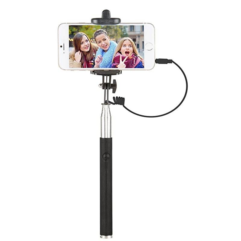 42" Selfie Stick with Built-in Shutter Release and Folding Clamp, Black