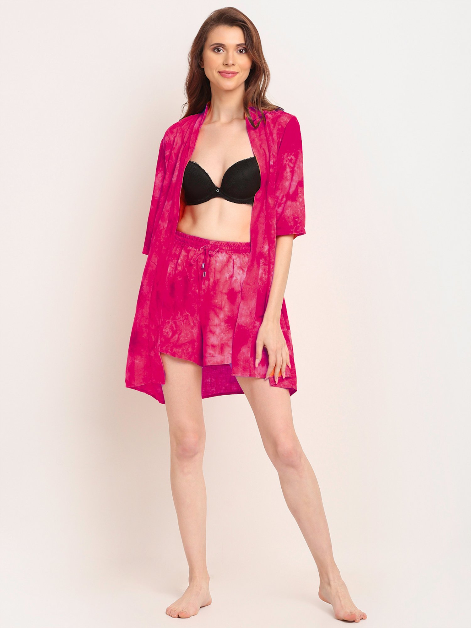 Erotissch Pink Cotton Cotton Tie & Dye Beachwear Co-Ord Set