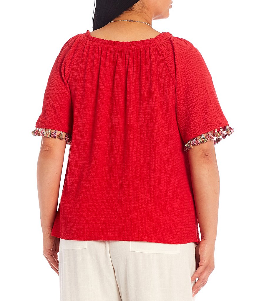 I.N. Studio Plus Size Pucker Woven Square Neck Tassel Trim Short Sleeve Necklace Top