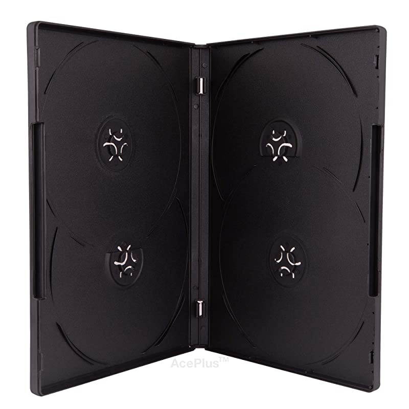 Quad 4-Disc Black DVD Cases in 14mm Standard Thickness with Double Overlap Hubs on Each Side of Case (10-Pack)