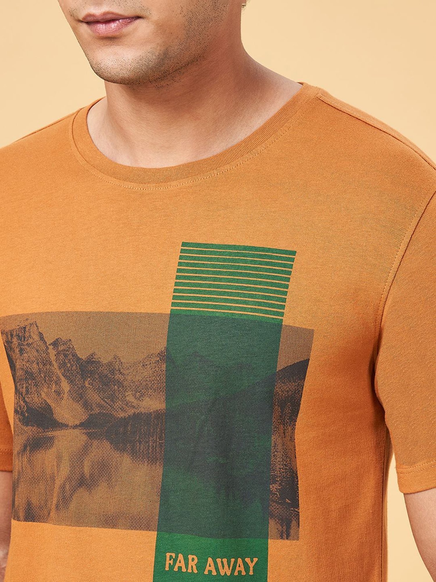 Urban Ranger by Pantaloons Tan Cotton Slim Fit Printed T-Shirt