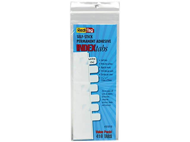 Redi-Tag 31010 Side-Mount Self-Stick Plastic Index Tabs, 1in, White, 416/Pack