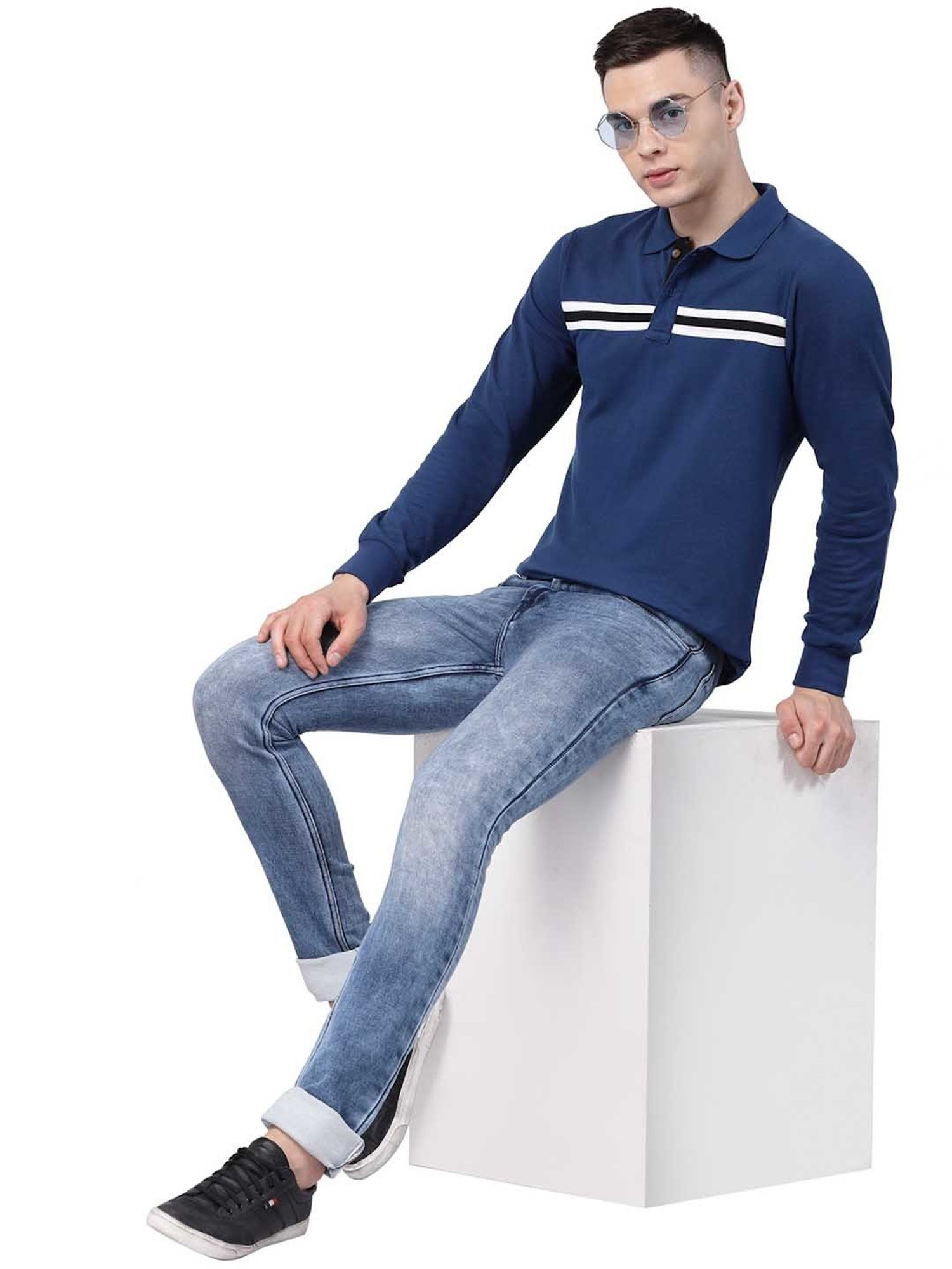 Kalt Blue Regular Fit Striped Polo T-Shirt
