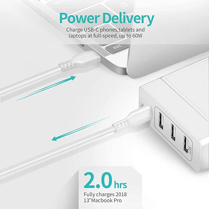 USB C Wall Charger Station  72W 4 Port Type C Charger with 60W Power Delivery Supply Adapter for MacBook ProAir Dell XPS iPad Pro 2018 iPhone Max Pixel S10S9 and MoreWhite