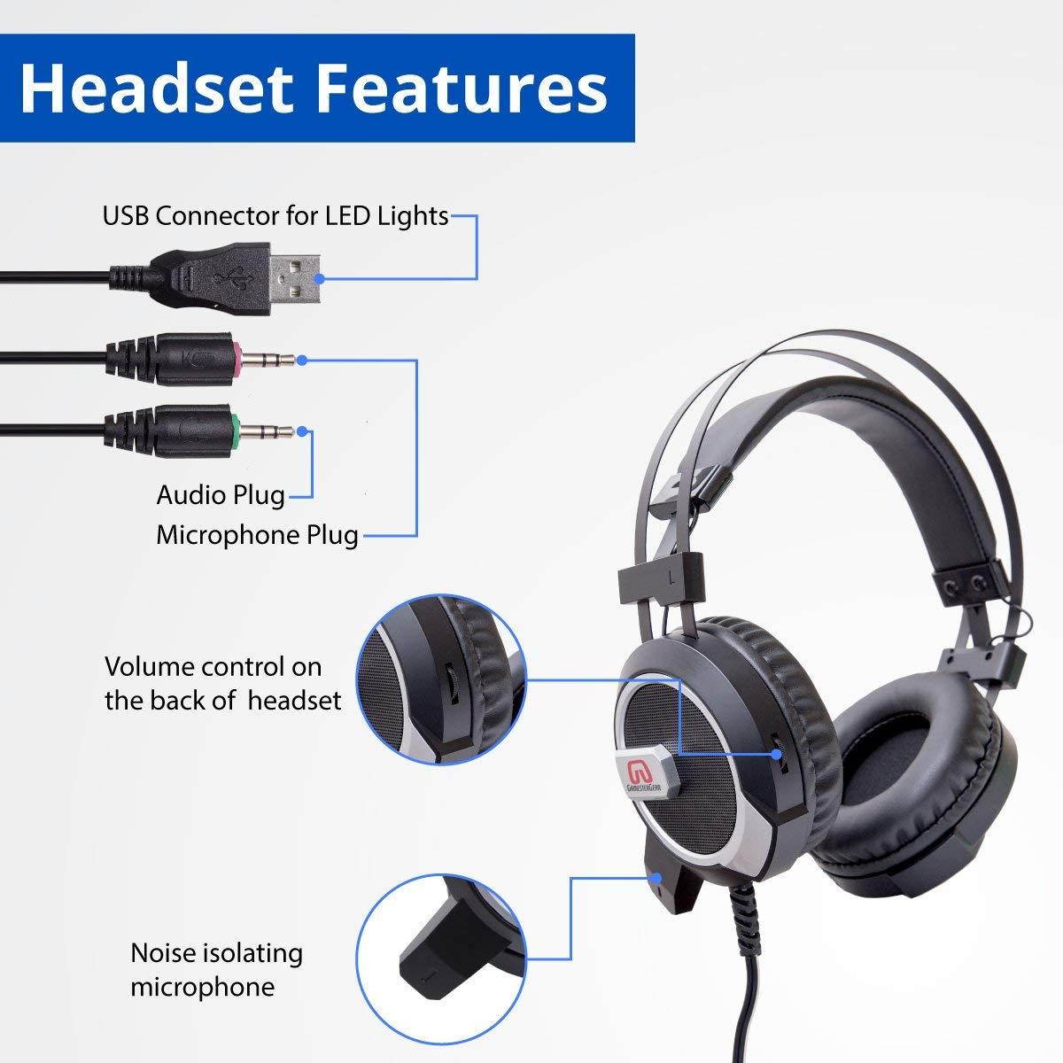 GamesterGear Falcon Over The Ear Stereo Pc Gaming Headset 3.5mm Surround Sound Audio with Omnidirectional Microphone - Led Lights - Volume Control