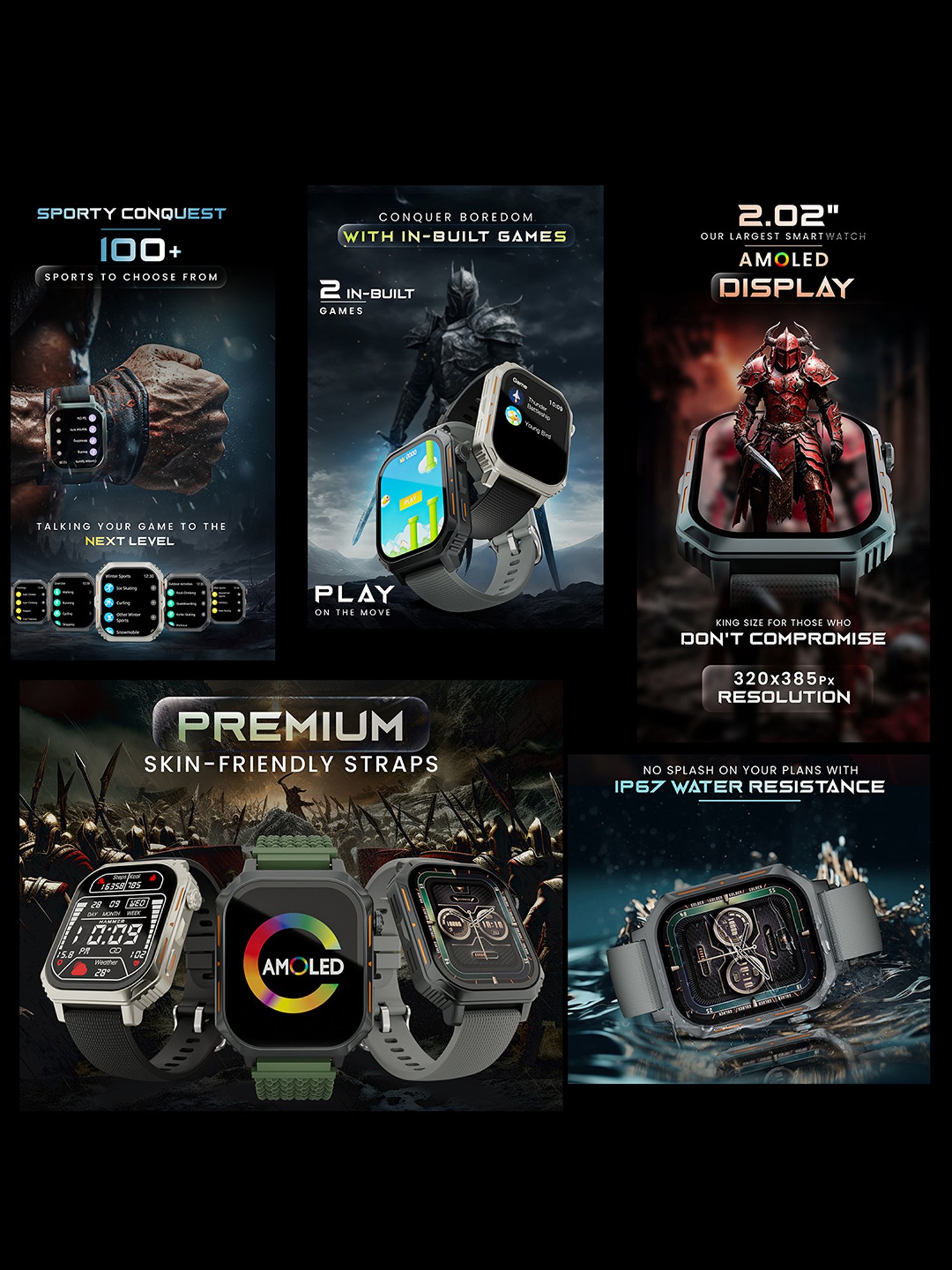 Hammer Conquer 2.02 inch AMOLED Smartwatch, Rugged Bluetooth Calling (Black & Grey)