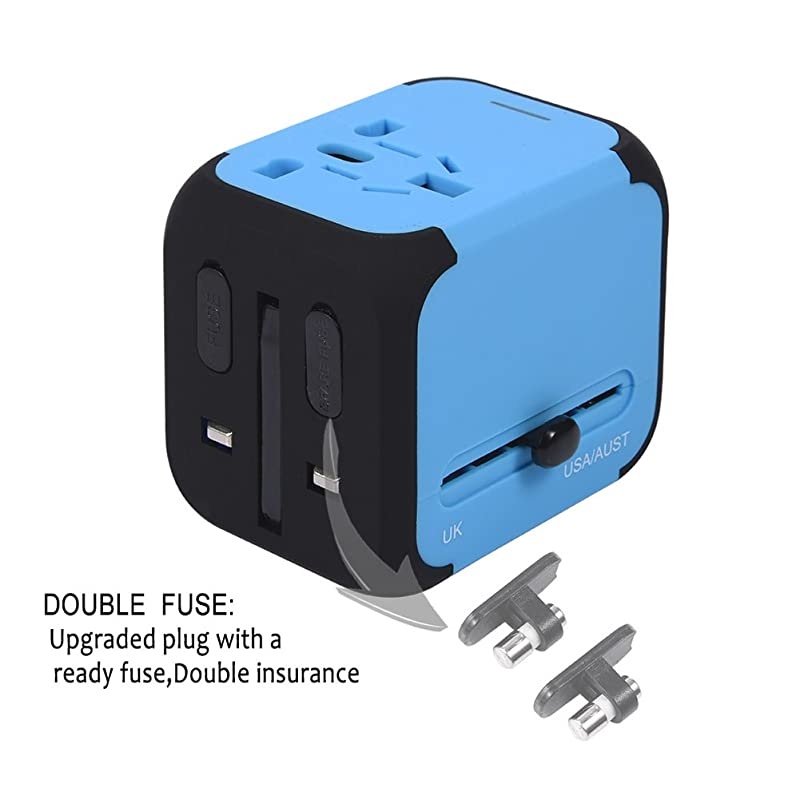 Universal International Travel Power Adapter with 2.4A Dual USB Wall Charger, European Adapter, Worldwide AC Outlet Plugs(A-Type Blue) Adapters for Europe, UK, US, AU, Asia
