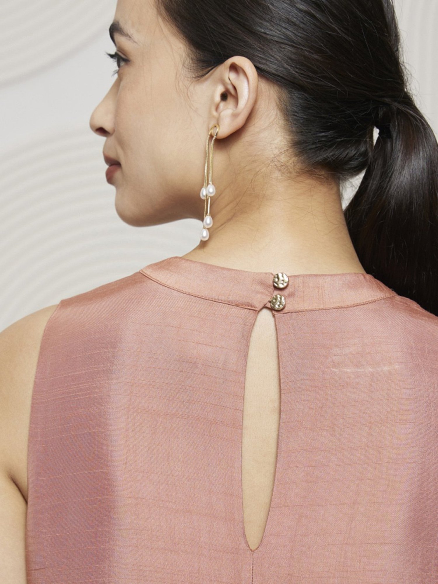 Artagai Salmon Pink Elevated Basics Band Collar Sleeveless Dress with Curved Hemline