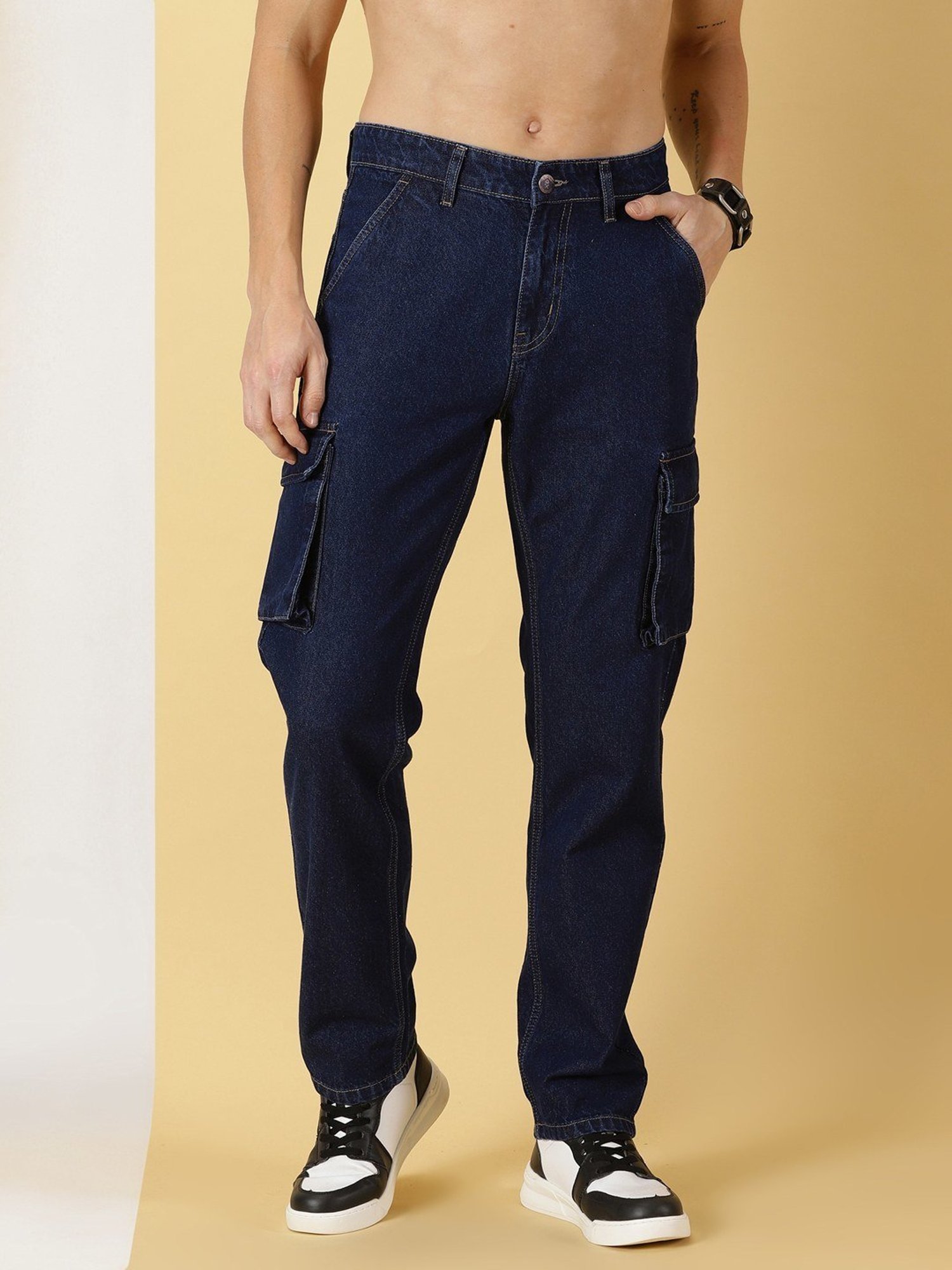 Thomas Scott Mid Blue Cotton Relaxed Fit Cargo Jeans