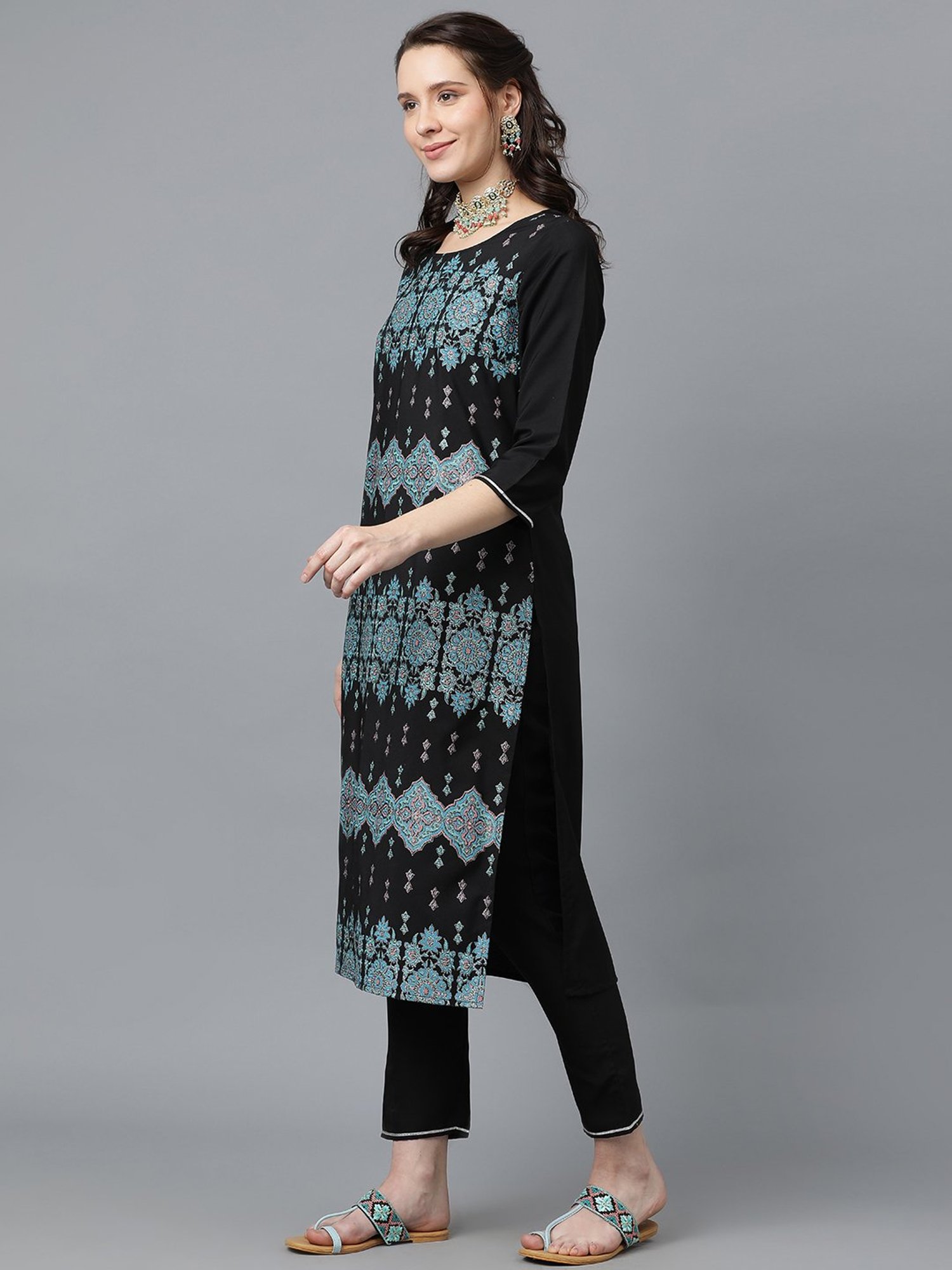 Ziyaa Black Printed Kurta Pant Set