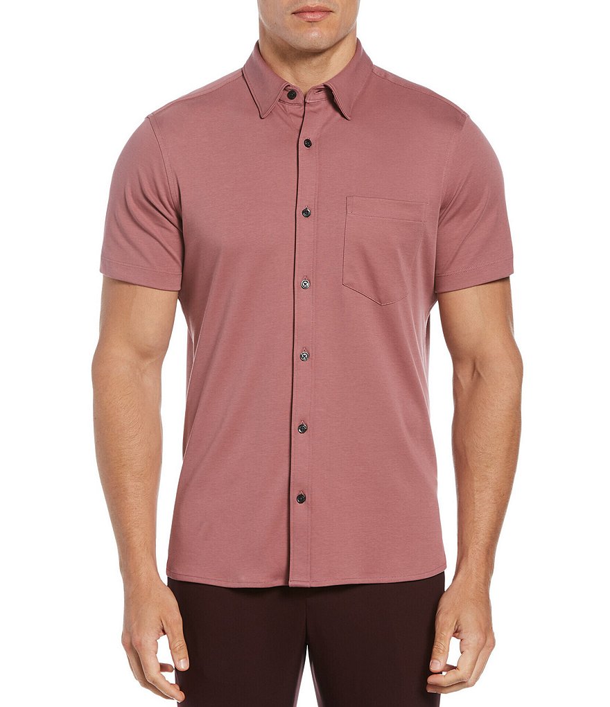 Perry Ellis Solid Interlock Stretch Short-Sleeve Woven Shirt