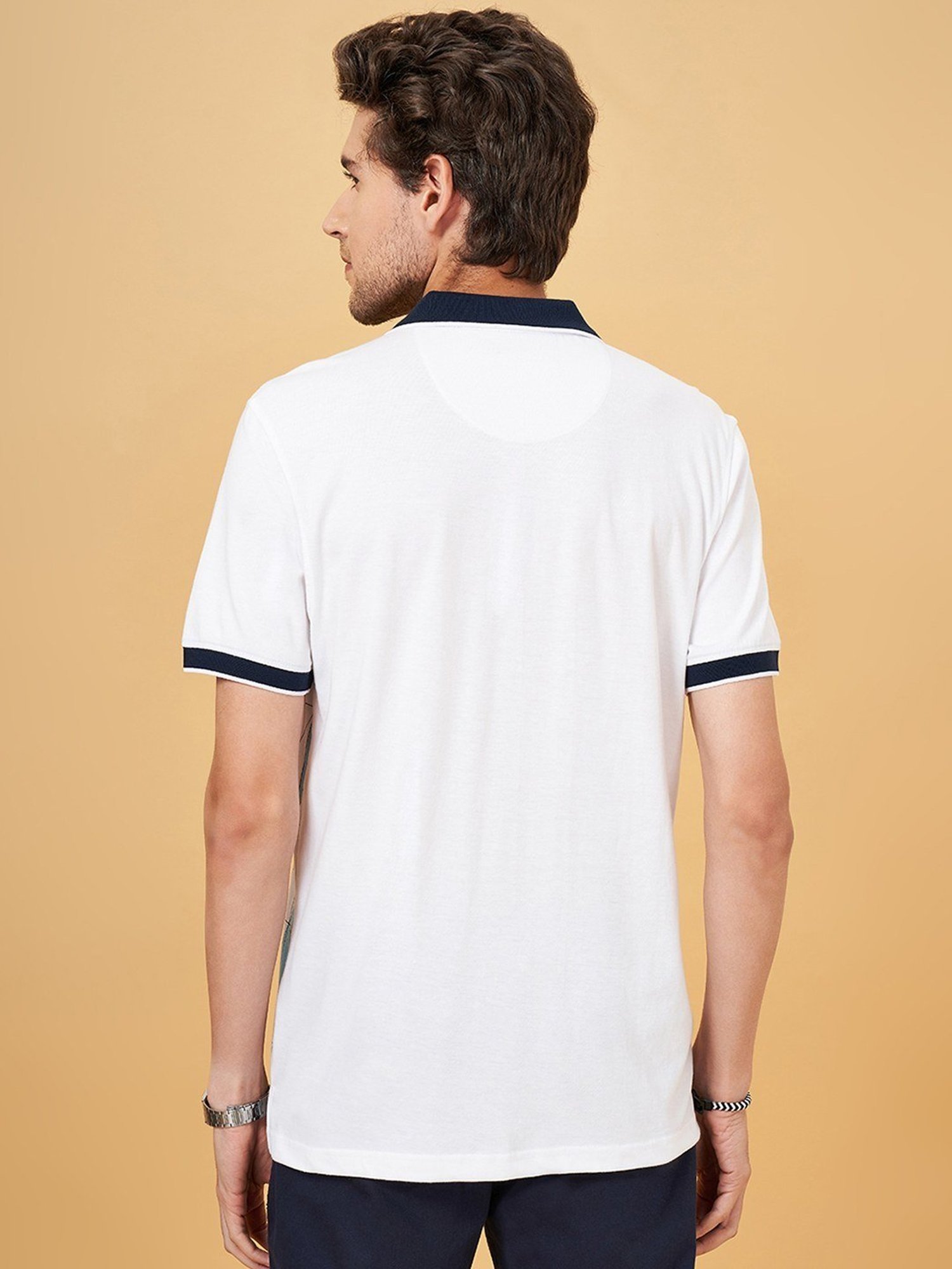 Byford By Pantaloons White Cotton Slim Fit Printed Polo T-Shirt