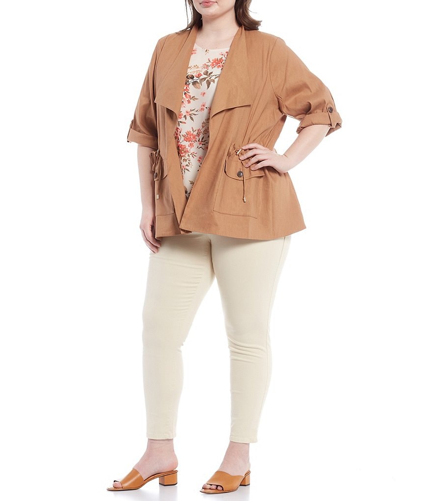 Calvin Klein Plus Size Stretch Woven Wing Lapel Collar Roll-Tab Sleeve Drawstring Waist Detail Open-Front Jacket