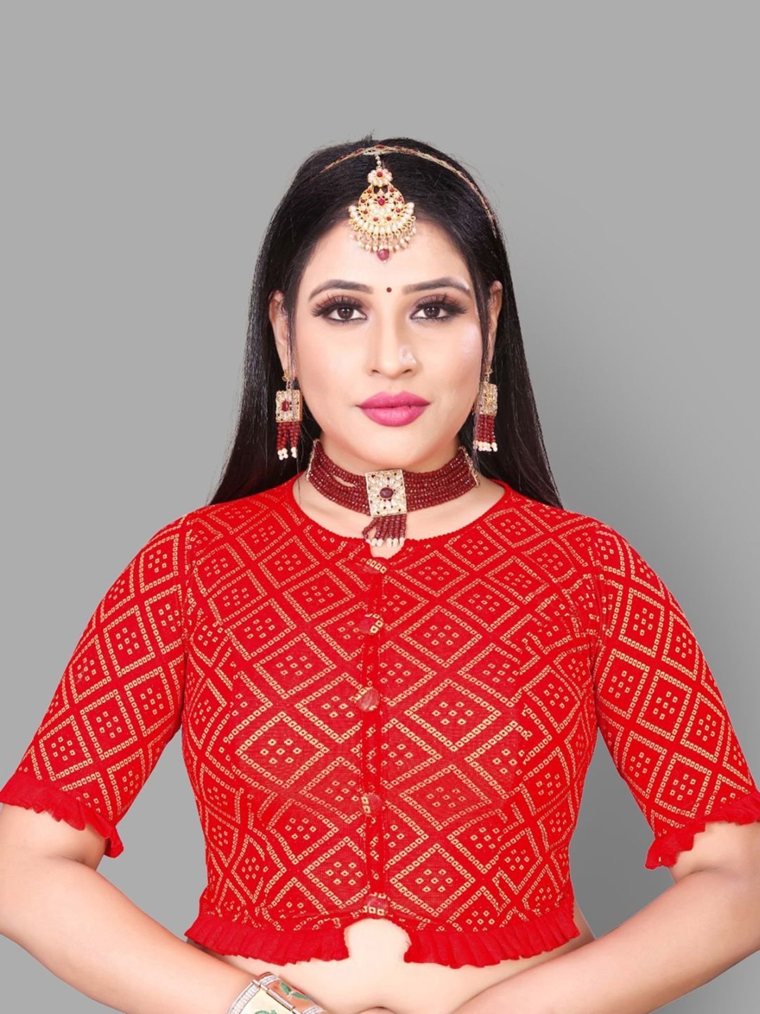 Satrani Red Printed Readymade Blouse