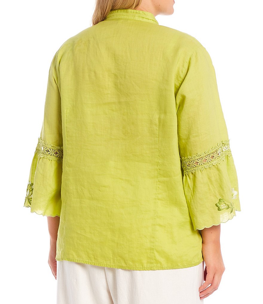 John Mark Plus Size Floral Embroidered Lace Trim Detail Wire Banded Collar Neck 3/4 Flounce Sleeve Button Down Top