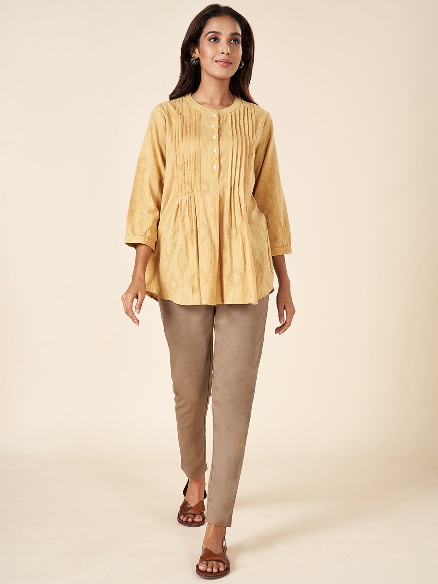 Akkriti by Pantaloons Mustard Cotton Self Pattern Tunic