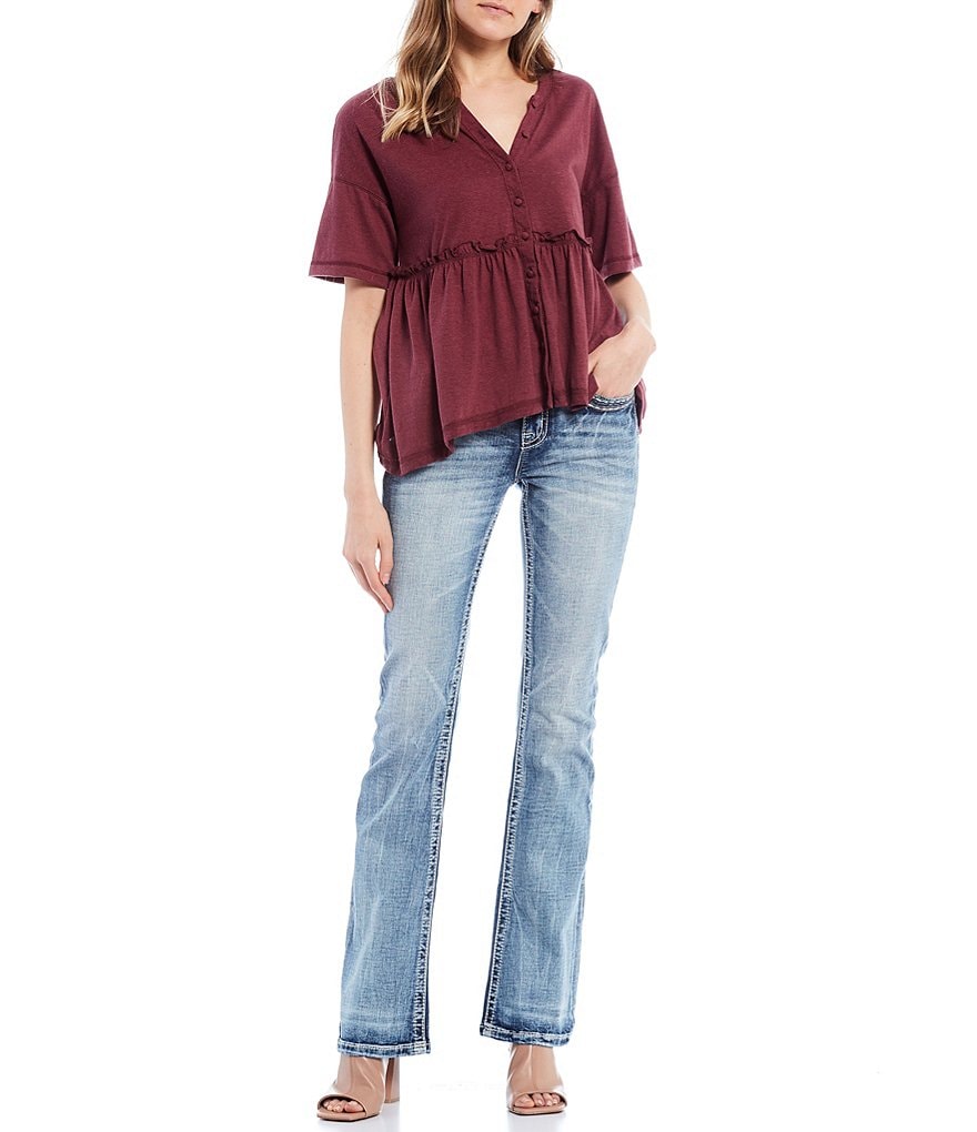 Coco + Jaimeson Short-Sleeve Button-Front Knit Babydoll Top