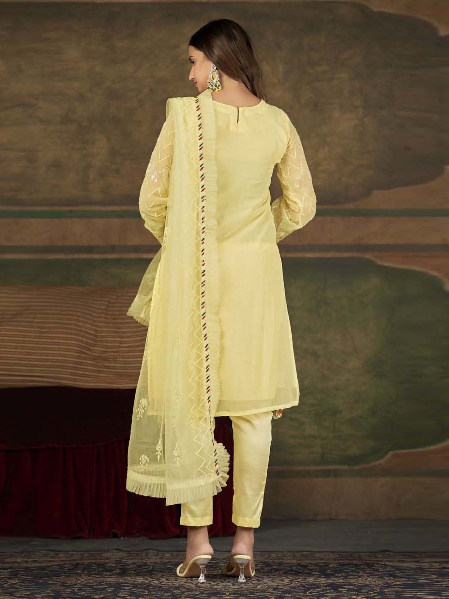 Warthy Ent Yellow Embroidered Semi Stitched Dress Material