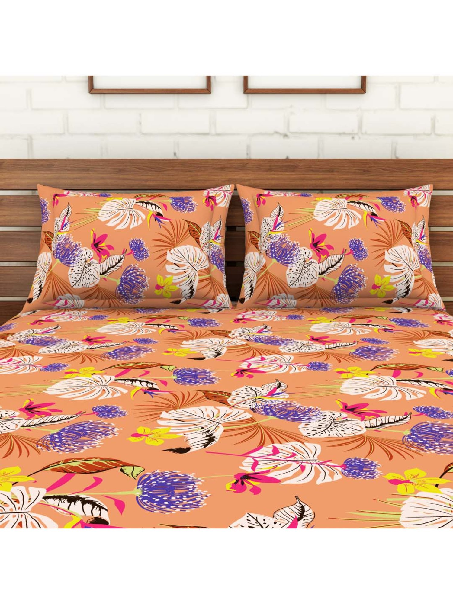 SWHF Orange & White Cotton 114 TC Double Bedsheet Sets