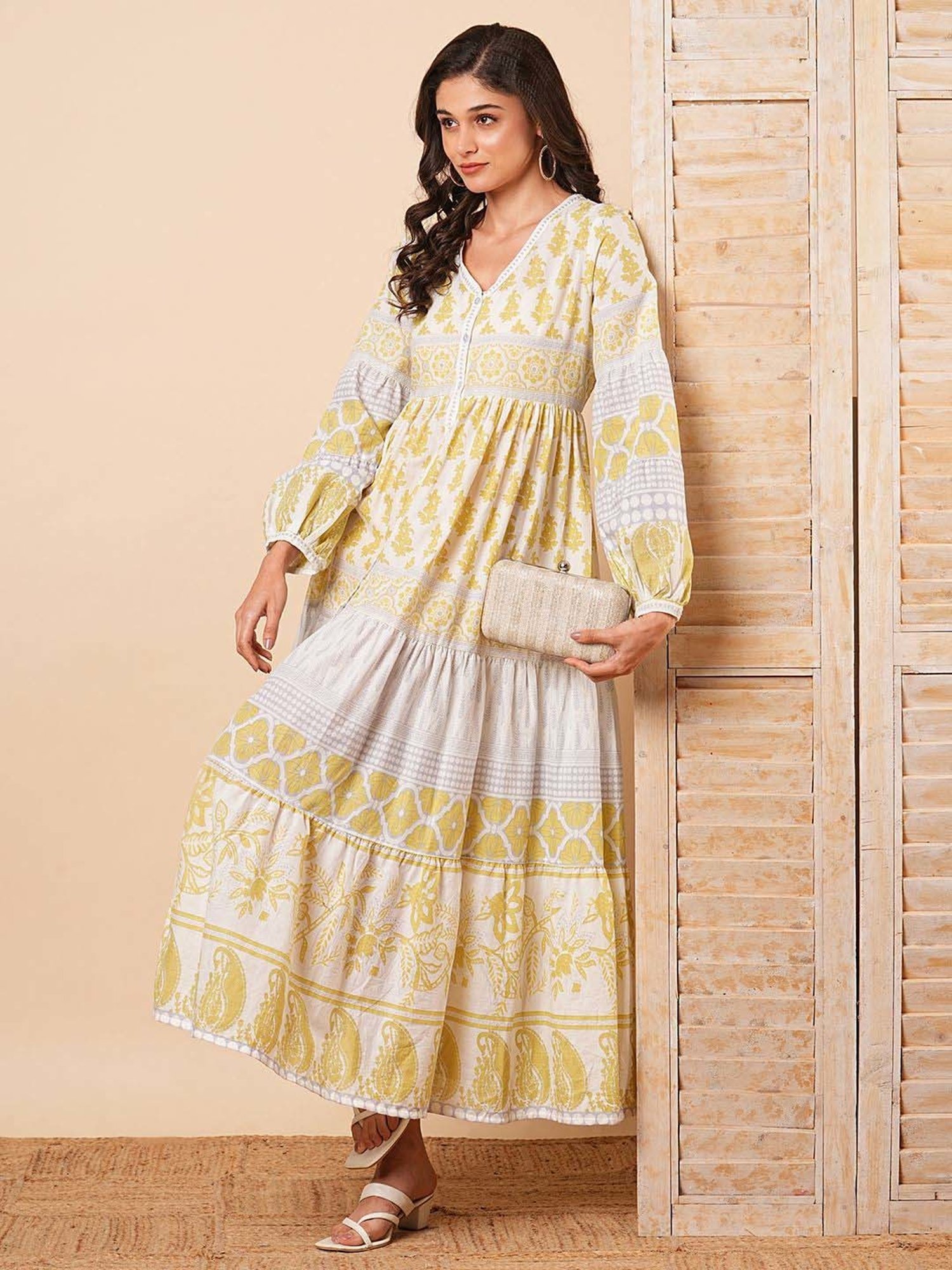 Fashor White & Yellow Cotton Printed Maxi Dress