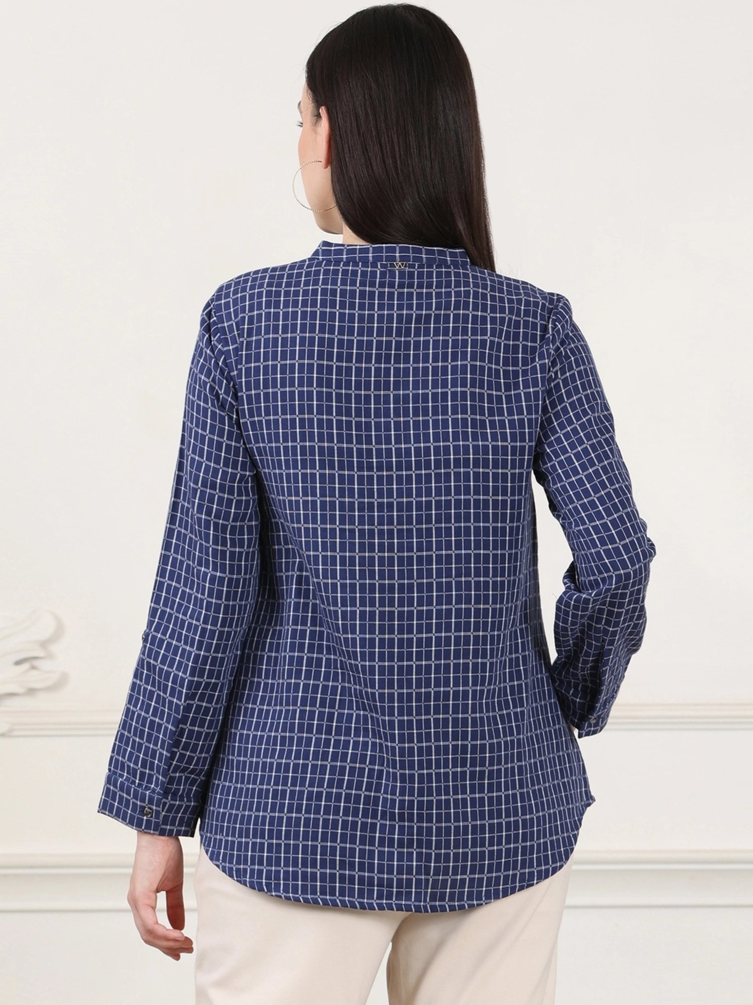 W Navy Cotton Chequered Top