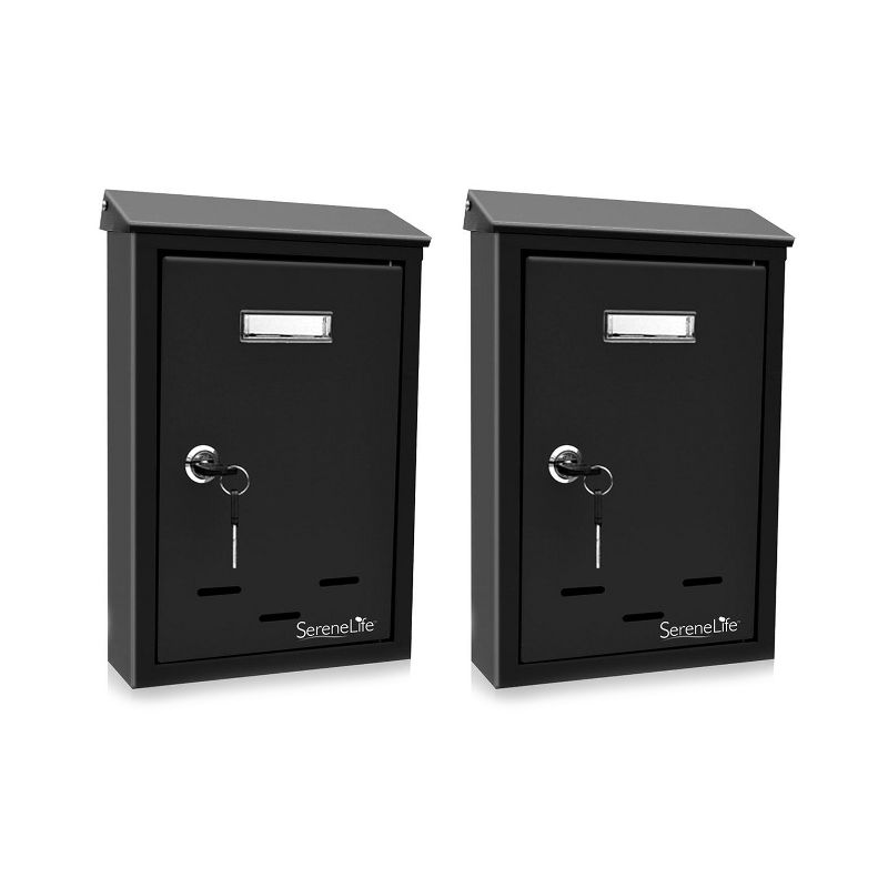 SereneLife SLMAB24 Home Indoor Outdoor Galvanized Steel Metal Wall Mount Secure Locking Mailbox Magazine Newspaper Holder with Keys, Black (2 Pack)