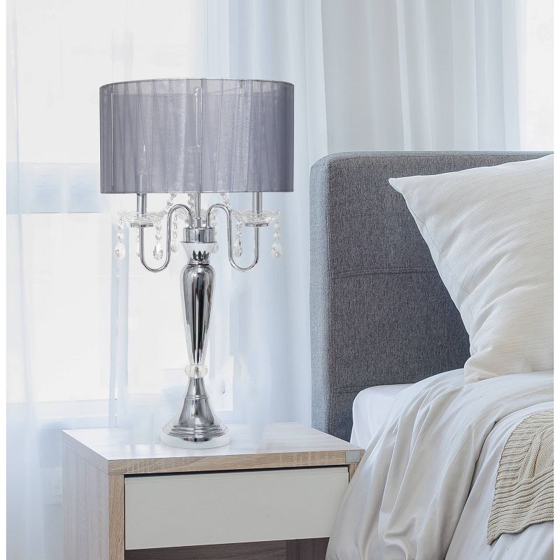 Romantic Sheer Shade Table Lamp with Hanging Crystals Gray - Elegant Designs