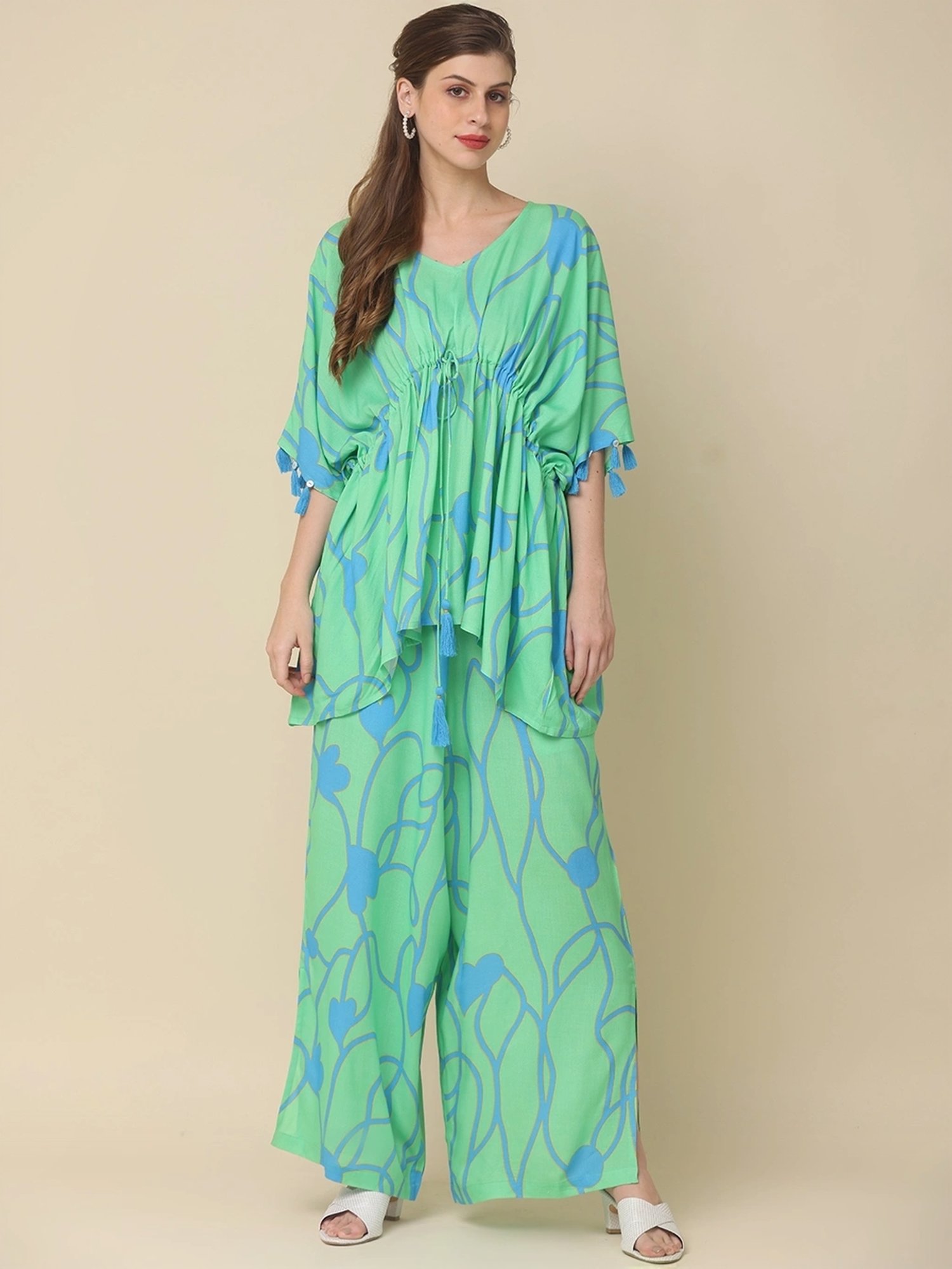 Zolo Label Green Cotton Printed Top Palazzo Set
