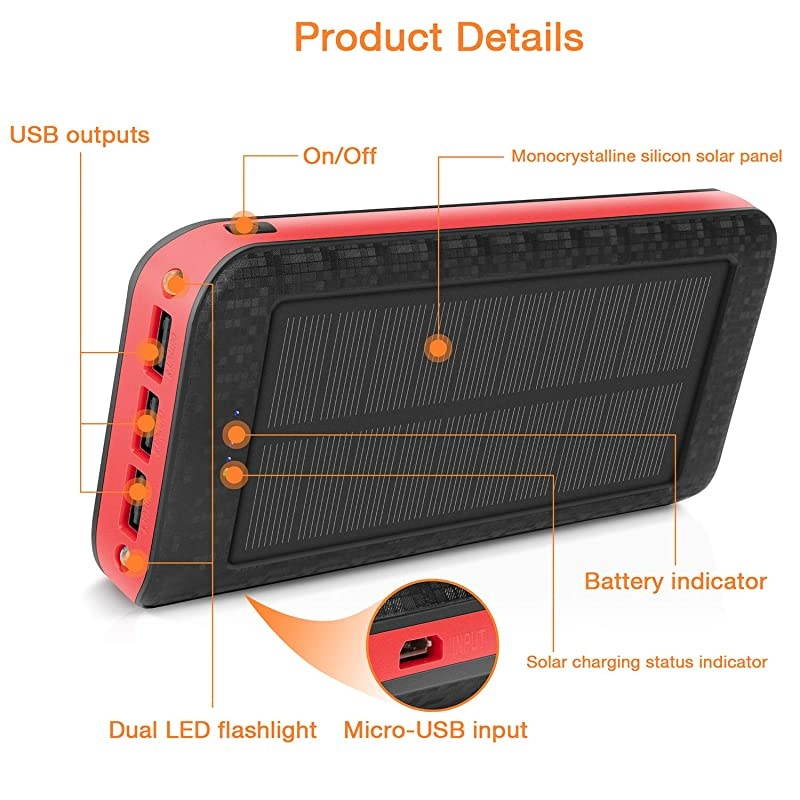 Charger 24000mAh Portable Power Bank External Backup Battery 3 Outputs5V21A Huge Capacity Phone Charger IPX5 Rainproof Bright LED Flashlights for Camping Travel Emergency