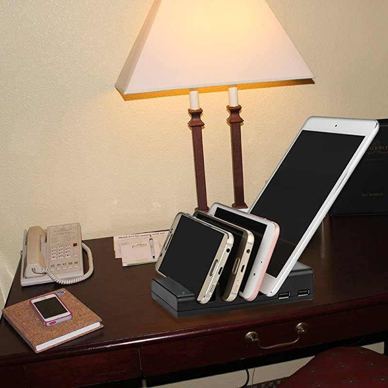 Charging Station 4 Port USB Charging Station Included 4 Short Mixed Cables Compatible IpadiPhoneSamsungSmartphone Desktop Cell Phone Charge Stand Multiple USB Charger Docking Organizer