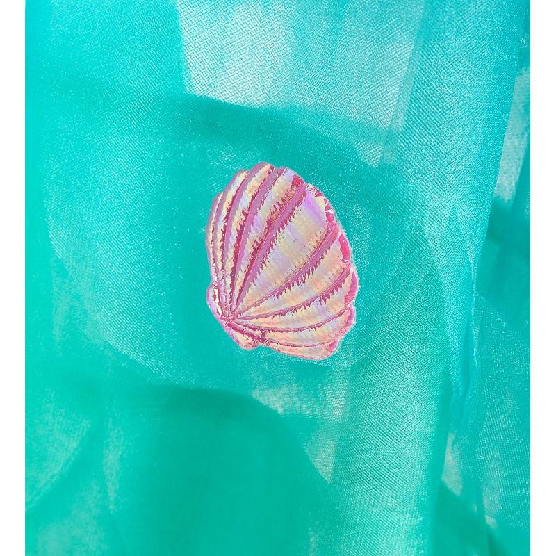 HearthSong Mermaid Blue Scalloped Gauze Canopy with LED Lights and Decorative Appliqu'e Shells and Starfish