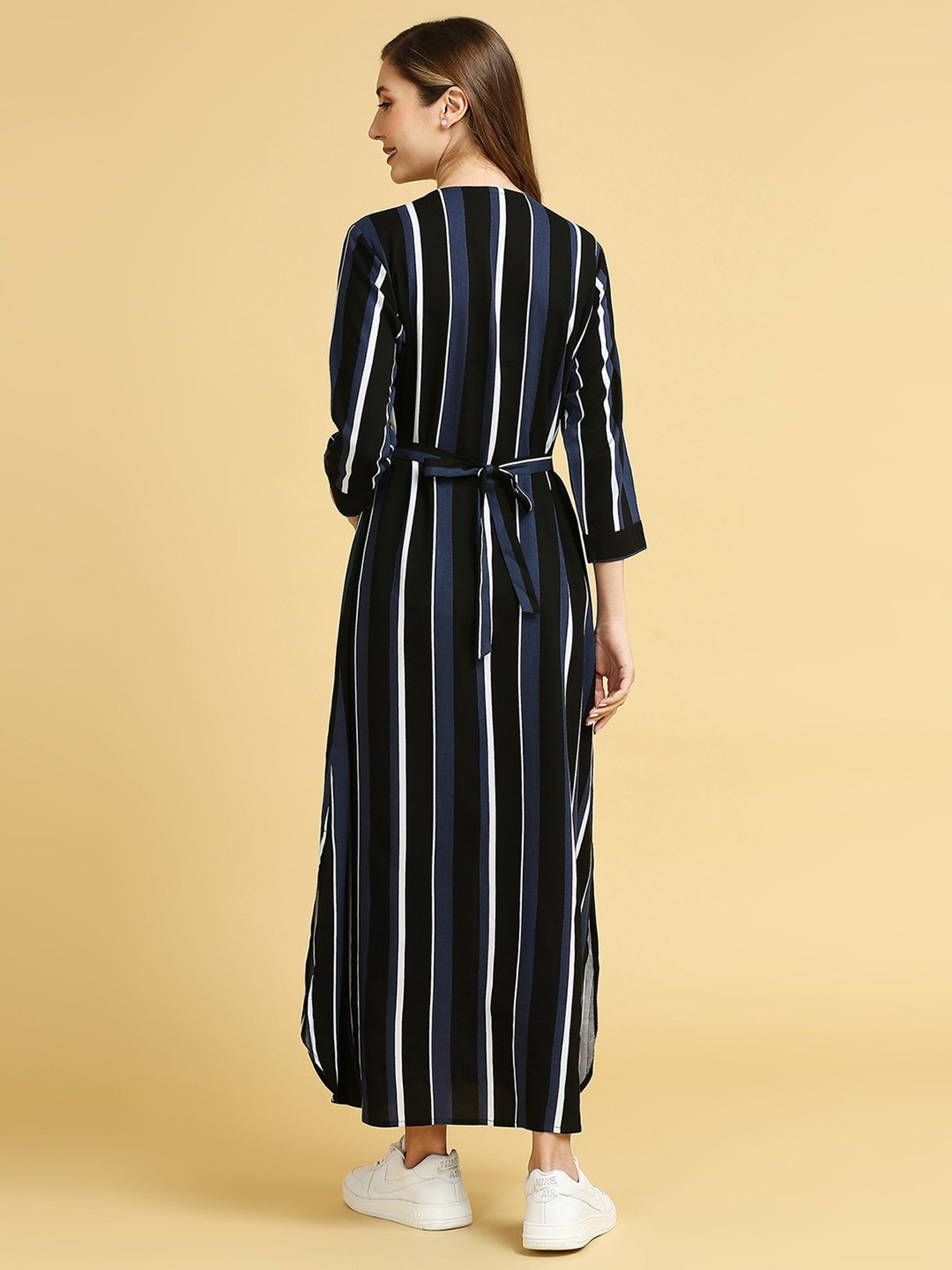 MomToBe Black & Blue Rayon Striped Maternity Maxi Dress