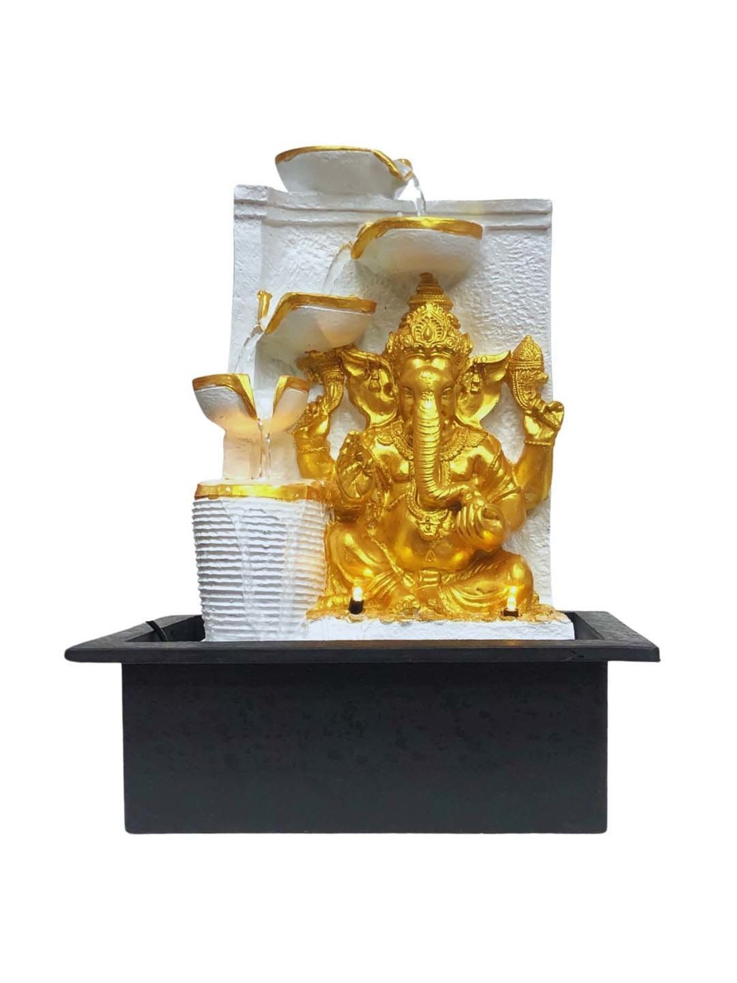 CHRONIKLE White & Gold Polyresin Ganesha Idol 4 Steps Waterfall Fountain
