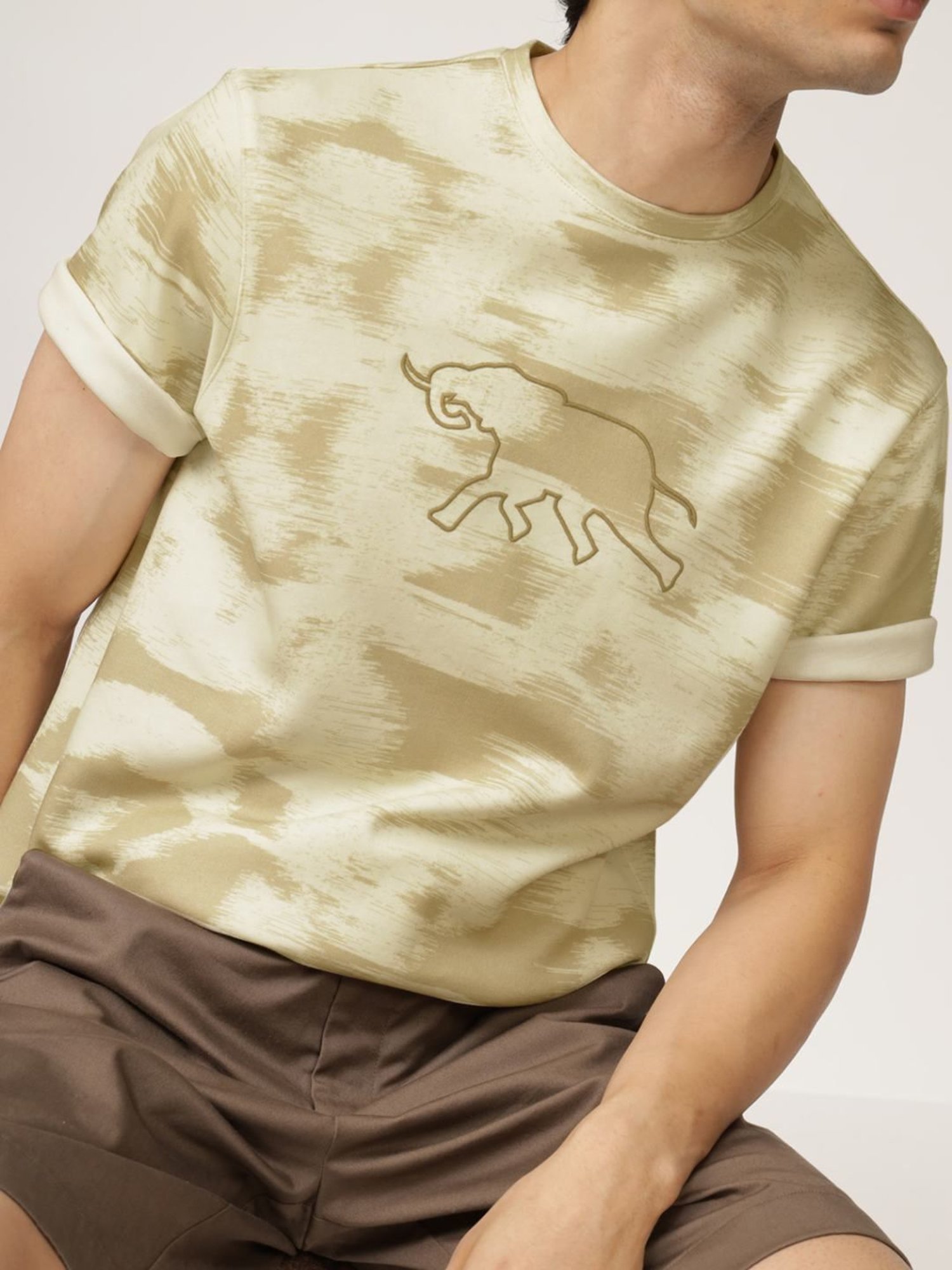 Andamen Khaki Cotton Regular Fit Printed T-Shirt