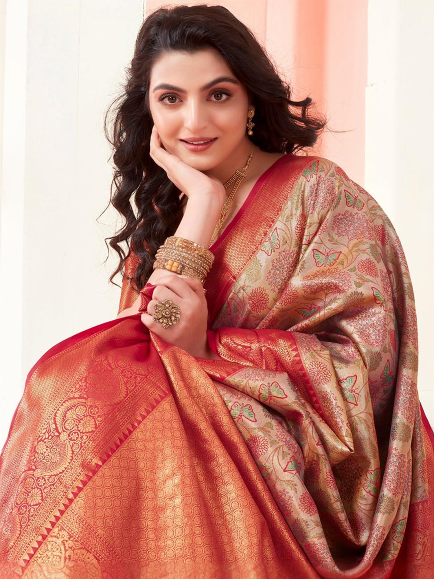 Satrani Beige & Maroon Woven Saree With Unstitched Blouse