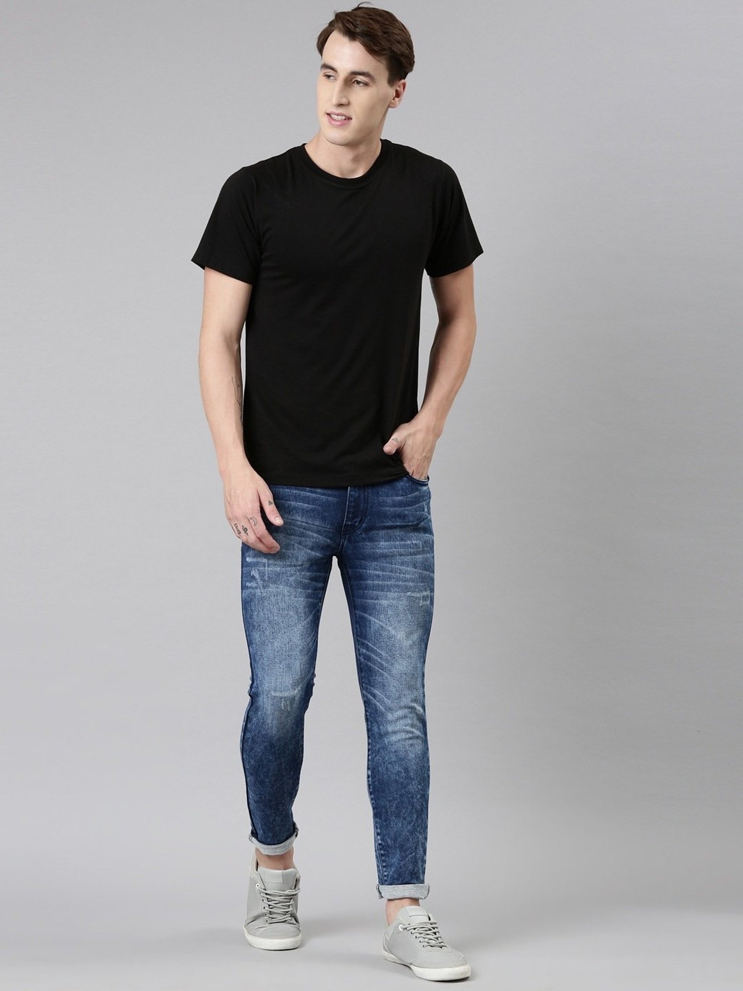 CINOCCI Blue Cotton Slim Fit Distressed Jeans