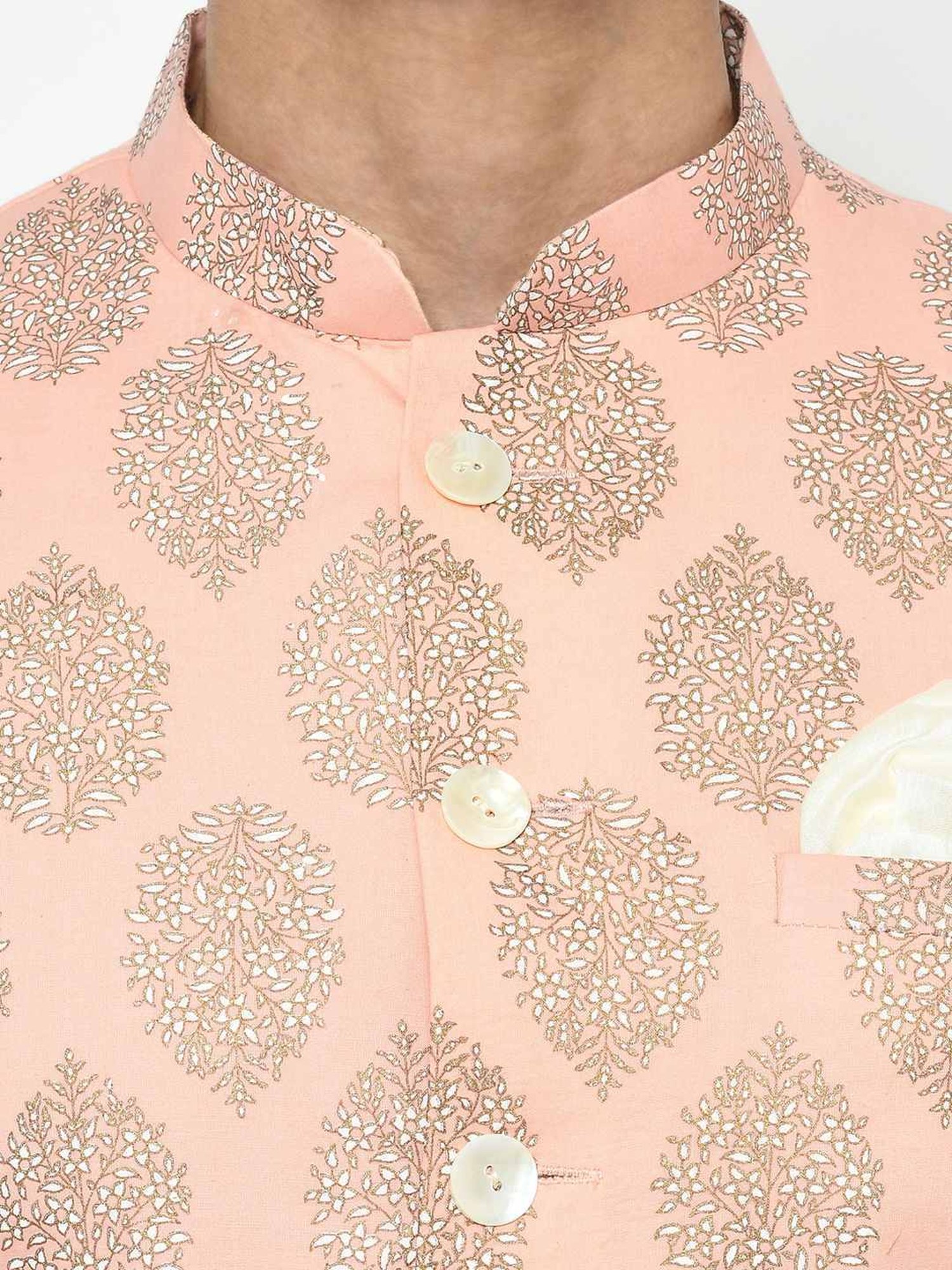 KISAH Peach & Grey Cotton Regular Fit Printed Sherwani Set