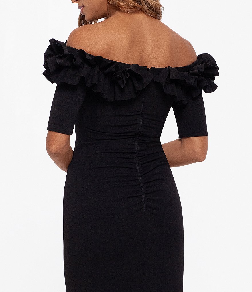 Xscape Ruffle Off-the-Shoulder Column Back Slit Crepe Gown