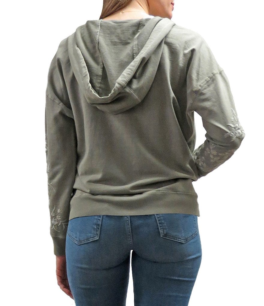 Karyn Seo Nyla Zip Front V-Neck Long Sleeve Embroidered Hoodie