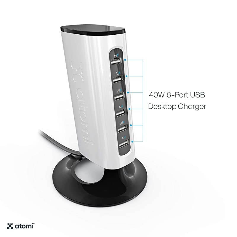 Charge Tower Pro - USB Desktop Charging Station, 6 Ports with Ai Rapid-Charge Technology - Black and White
