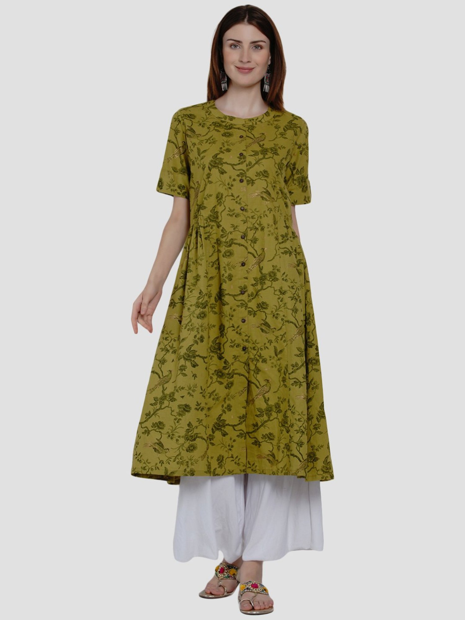 Women Republic Green Cotton Printed A Line Kurta