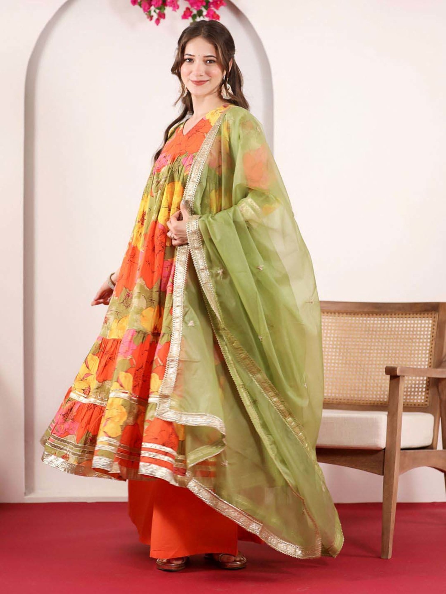 Janasya Multicolored Cotton Floral Print Kurta & Palazzo Set With Dupatta