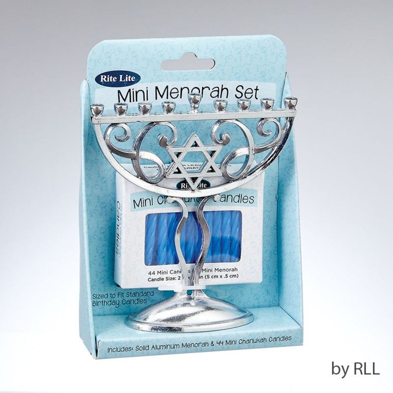 Rite Lite 45pc Classic Style Mini Hanukkah Menorah Set with Candles 4.75" - Silver/Blue
