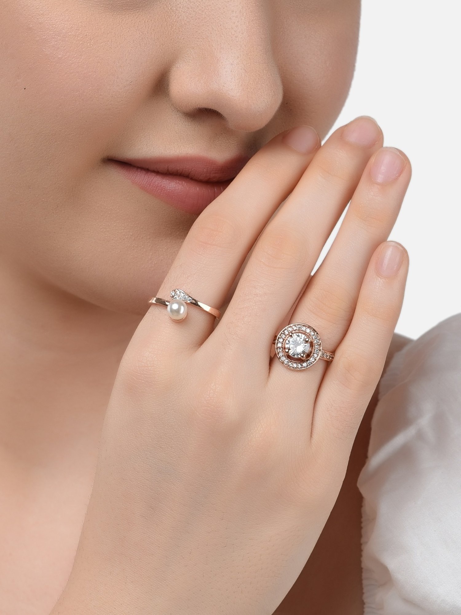 Zaveri Pears Set of 2 Rose Gold Contemporary Cubic Zirconia Brass Cocktail Ring - ZPFK11188